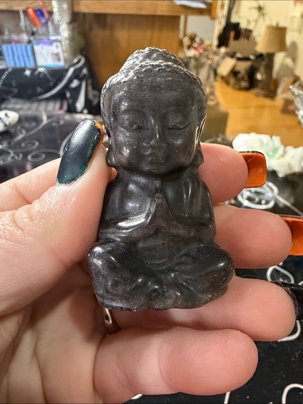 Black Mini Buddha Statue silver obsidian Home Art Accent